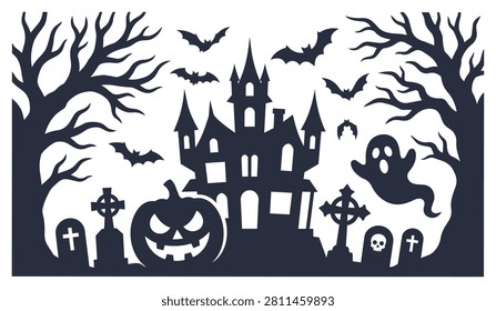 Dramatic halloween scene featuring a haunted house, flying bats, spooky ghosts, leafless trees, and pumpkins in a graveyard setting.