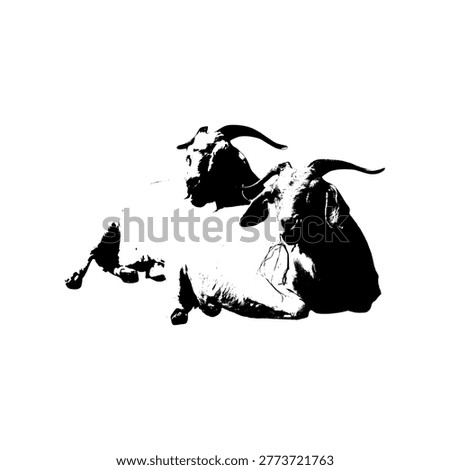 A dramatic high-contrast vector illustration of two goats lying down. The artistic play between deep shadows and bright highlights emphasizes the communal nature of farm animals, making it a perfect choice for organic branding, rustic home decor, or agricultural storytelling.