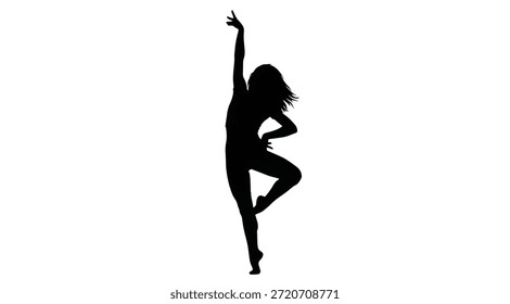 A dramatic and high-energy vector silhouette of a young woman performing a graceful modern or contemporary dance pose. The figure is captured mid-movement, balancing on one leg, with her opposite arm elegantly reaching skyward and the other hand on her hip.