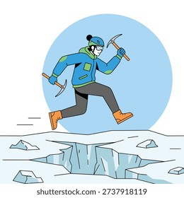 Dramatic illustration of a climber in winter gear jumping over a deep ice crevasse while holding two ice axes