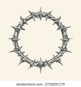 Una ilustración dramática de una corona de espinas, representada en tinta negra, que simboliza el sacrificio y la devoción religiosa. Aislado sobre un fondo crema neutro.