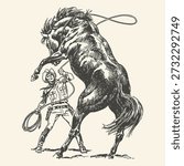 A dramatic illustration depicts a determined cowboy wrestling with a powerful, rearing horse, capturing the untamed spirit of the Wild West.