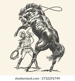 A dramatic illustration depicts a determined cowboy wrestling with a powerful, rearing horse, capturing the untamed spirit of the Wild West.