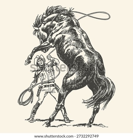 A dramatic illustration depicts a determined cowboy wrestling with a powerful, rearing horse, capturing the untamed spirit of the Wild West.