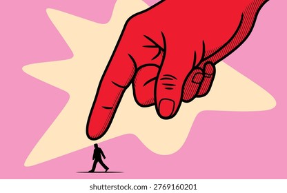 A dramatic illustration depicts a massive red hand looming over a minuscule person, symbolizing power imbalance and vulnerability.