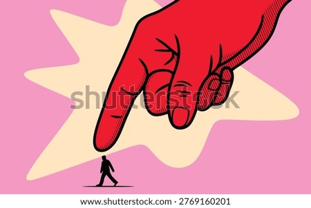 A dramatic illustration depicts a massive red hand looming over a minuscule person, symbolizing power imbalance and vulnerability.