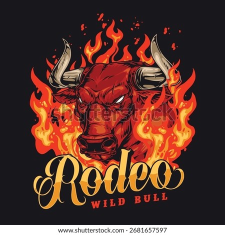 A dramatic illustration features a fierce wild bull against a backdrop of flames capturing the intensity of rodeo culture. The fiery expression highlights the wild spirit of the bull.