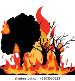 A dramatic illustration of a forest wildfire with silhouetted trees engulfed in bright orange, red, and yellow flames — bare dead branches visible alongside a full tree — conveying environmental destruction, natural disaster, and climate crisis.