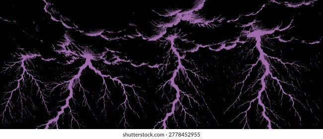 A dramatic illustration of intense purple lightning bolts discharging from heavy, dark storm clouds against a solid black background, digital art style.