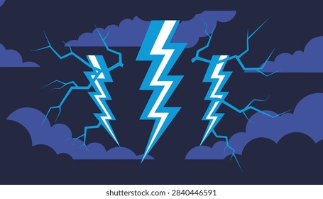 Dramatic illustration of large bright blue lightning bolts striking down from dark storm clouds during a powerful nighttime tempest.