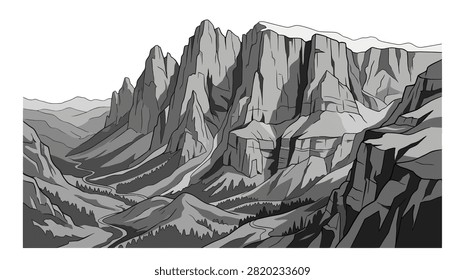 Dramatic illustration of a rugged mountain range with sharp peaks, deep valleys, and winding paths.