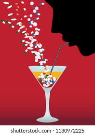 Dramatic illustration showing the concept of a drugs cocktail with various medications depicted against a black slihouette of a head in profile.