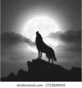 Uma ilustração dramática de um lobo selvagem em pé sobre uma rocha e uivando. Este desenho capta o espírito do deserto e o chamado do selvagem. Perfeito para blogs de aventura, marca de equipamentos de camping, cartazes de conservação da vida selvagem e decoração de montanha. Ideal para a criação de uma aparência atmosférica e robusta. Gráfico vetorial escalável para cenas de paisagem impactantes.