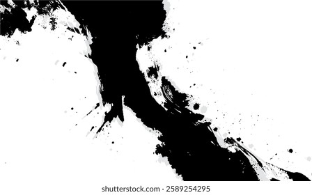 Dramatic ink splash abstract background with flowing black paint and speckled texture, offering a dynamic and visually compelling design element