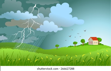 Dramatic Landscape With Approaching A Storm And A Rain On A Small House.