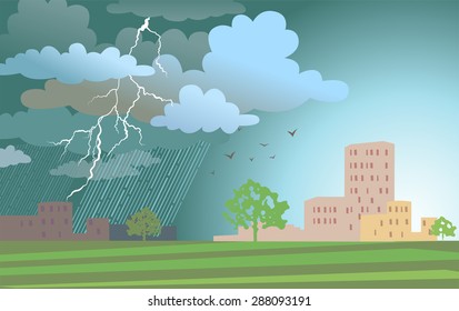 Dramatic landscape with approaching a storm and a rain on a urban buildings