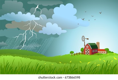 Dramatic landscape with approaching a storm and a rain with lightnings on a small farm.