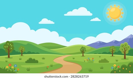 A dramatic landscape featuring village, flower, and grass in a peaceful natural setting.