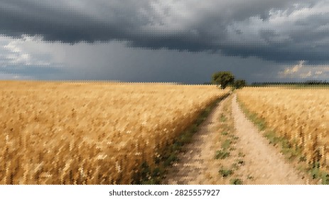 Dramatic landscape illustration showing dark storm clouds gathering over golden wheat field dirt path leading to lone tree contrast nature scene.