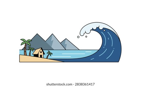 Dramatic landscape illustration of a tropical beach village facing a massive ocean wave under a clear sky with mountains.