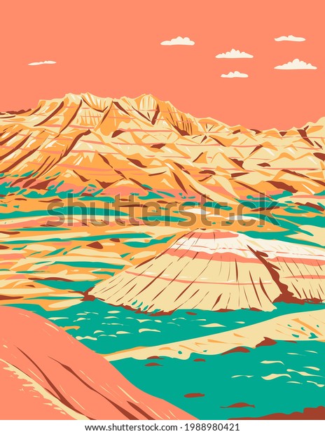 Dramatic Landscape of Layered Rock Formations in\
Badlands National Park South Dakota United States of America WPA\
Poster Art