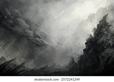 Dramatic landscape, moody atmosphere, dark clouds, misty mountains, abstract art, nature scene, fantasy setting.