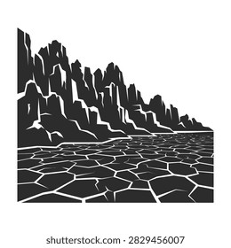 Dramatic landscape of a mountain range with jagged peaks and arid cracked ground