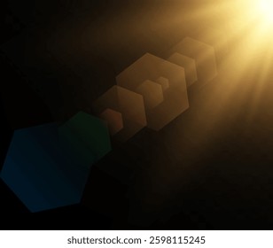 Dramatic light rays with hexagonal lens flares against a dark background. Ideal for a cinematic effect. Vector Sun
