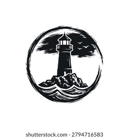 Dramatic lighthouse silhouette standing on rugged rocks against waves and flying birds inside round brush stroke frame. Artistic monochrome landscape capturing essence of coastal safety and maritime navigation. Great for travel posters nautical branding and decorative graphic design projects.