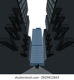 Dramatic low angle perspective of tall modern skyscrapers reaching towards the sky in a dense urban environment. Concept of city life and architectural scale.