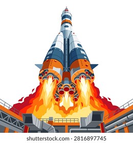 Dramatic low angle view of space rocket launching from launch pad with massive engine thrust flat vector illustration