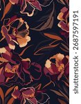 A dramatic, luxurious seamless floral pattern featuring stylized orchids and leaves in rich burgundy, deep black, and warm orange tones. This high-fashion design is perfect for sophisticated textiles 