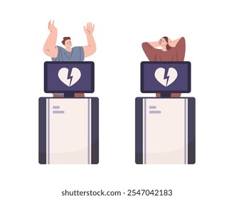 Dramatic male female with broken hearts on x-ray monitor. Disappointment in love relationship or friendship, romantic characters vector scene