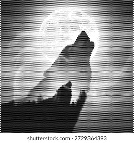 Eine dramatische monochrome Illustration eines Wolfs, der auf dem Mond in einem dunklen Wald heult. Dieses wilde Design fängt den Geist der Wildnis und Mythos. Perfekt für Lagerfeuer-Märchenbuch-Cover, Outdoor-Bekleidungsdrucke, Logos zum Schutz wild lebender Tiere und Abenteuer-Branding. Der Halbtonkontrast unterstreicht die geheimnisvolle Nachtatmosphäre. Skalierbare Vektorgrafik für wirkungsvolle Natursymbole.