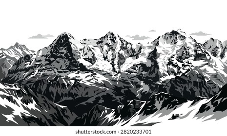 Dramatic monochrome landscape featuring jagged, snow-covered mountain peaks against a clear sky with scattered clouds.