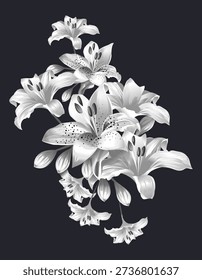 Dramatic Monochrome Lily Bouquet with Silk Texture and Elegant Gradients on Dark Background