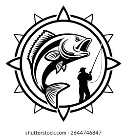 Dramatic monochrome shows a silhouette of leaping fish with an open mouth, aligned with an angler and his fishing rod. All encased within an intricate compass rose frame.