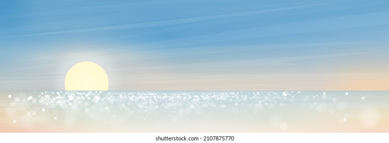 Dramatic Morning skyline in Spring or Summer with yellow, light blue background,Vector illustration cartoon beautiful nature of landscape seaside in evening winter,Backdrop for holiday banner