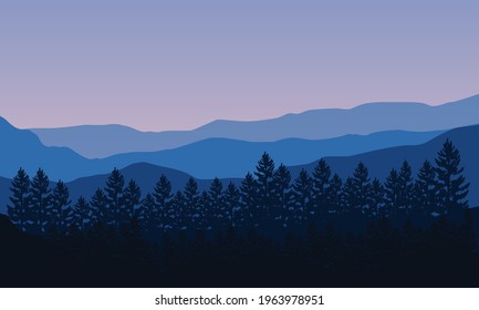 A dramatic morning view of the silhouette of mountains and pine trees from the suburbs. Vector illustration of a city