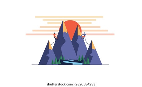 Dramatic mountain climbing scene with two adventurers scaling rocky peaks against a giant orange setting sun.