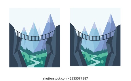 Dramatic mountain pass includes a simple rope bridge connecting two high rocky cliffs over a winding river valley in a flat design illustration.