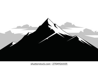 Dramática silueta de pico de montaña con nubes en un paisaje minimalista en blanco y negro