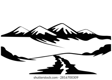Dramatic mountain range silhouette, snow capped peaks, river valley below, wilderness, nature.