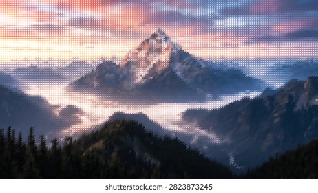 Dramatic mountain summit, sunset sky, atmospheric clouds, serene valley, powerful nature vista.