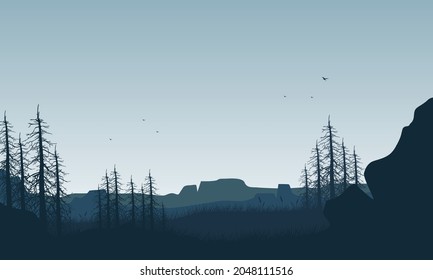 Por las mañanas se sirve una espectacular silueta de montaña con pinos a las afueras de la ciudad. Ilustración vectorial de una ciudad