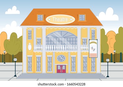 Dramatic or Music Theatre Classical Building Exterior with Green Park around. Historical Monument Facade. City Landmark Construction for Performance Enjoyment, Cultural Recreation. Vector Illustration