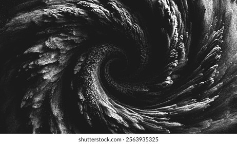 Dramatic mysterious dust spiral with turbulence and energy in contrast stippling style. Swirling storm in powerful motion. Dotwork. Pointillism. Noisy grainy shading using dots. Vector illustration