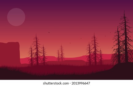 Dramatic natural scenery from the outskirts of the city at sunset. Vector illustration of a city