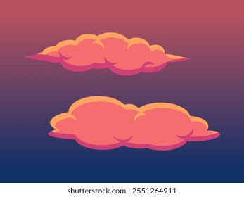 Vector de nubes nocturnas dramáticas con un gradiente de colores naranja y púrpura. Las nubes se ven suaves y acogedoras. Perfecto para diseños que quieren transmitir una noche, noche o sueño