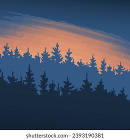 A dramatic night sky with the glow of the sun. Coniferous forest silhouette on a blue background. Beautiful fantastic landscape. Vector art illustration